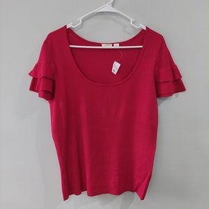 CATO knit blouse XL fuschia pink scoop neck tiered short sleeve